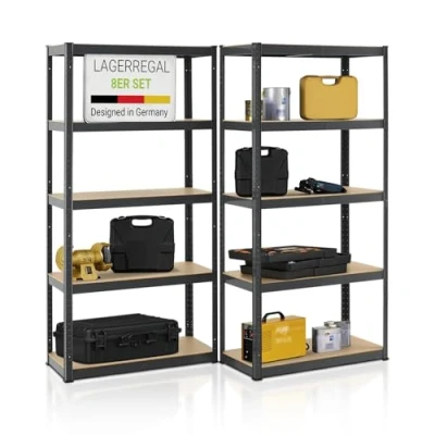 Abbildung von Juskys 8er Set Lagerregal Basic 8X 180x90x40cm (HxBxT) 7000 kg 40 Böden Schwerlastregal Steckregal Metall Kellerregal Regalsystem Regal Grau