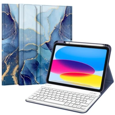 Abbildung von Fintie Französische AZERTY Tastatur für iPad 10. Generation 2022 10,9 Zoll Kabellose Tastatur, Abdeckung mit Mehreren Positionen, Ozeanmarmor