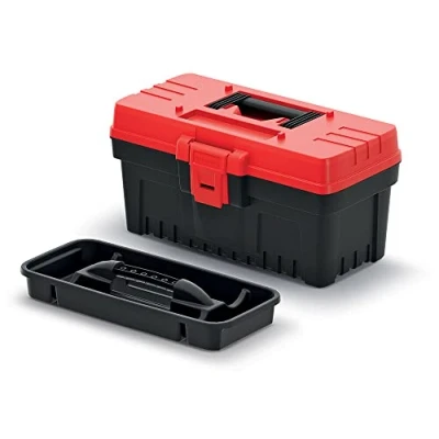 Abbildung von Werkzeugkoffer Werkzeugbox Werkzeugkasten mit Werkzeugtrage Ergonomischer Griff Robuster Deckel ABS Klemmverschlüsse (360 x 193 186 mm, Schwarz Rot)