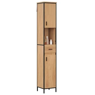 Abbildung von EUGAD Badezimmerschrank, Badschrank schmal, Hochschrank Badezimmer, Bad Schrank stehend, mit Schublade, offenem Fach, verstellbaren Ablagen, 30x180x30 cm, schwarz helle Eiche
