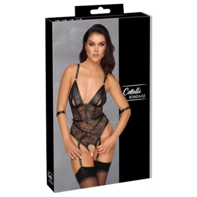 Abbildung von Straps Body ouvert aus Spitze in Harness Optik mit Handfesseln