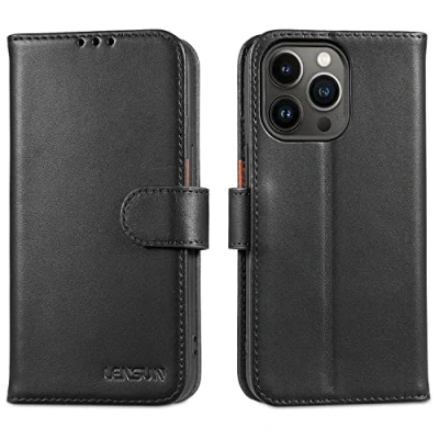 Abbildung von LENSUN Echtleder Hülle für iPhone 13 Pro, Handyhülle [Echtes Leder][Magnetverschluss][RFID Schutz] Handytasche Lederhülle Kompatibel mit Pro 5G Schwarz