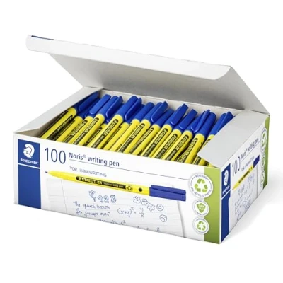 Abbildung von STAEDTLER Noris writing pen 307 Fineliner, Gehäuse aus 97% recyceltem Plastik gemäß ISO 14021, Fineliner in Schulbox, blau, 100 ST, 3 C100