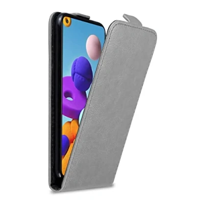 Abbildung von Cadorabo Hülle kompatibel mit Samsung Galaxy A21s Flip Design aus Premium Kunst Leder Klappbare Stoßfeste Magnetische Cover für Tasche in Grau
