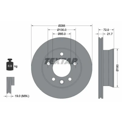 Abbildung von TEXTAR 93127800 Bremsscheibe 285 21,7 05/06 130 innenbelüftet ohne Radbefestigungsbolzen, Radnabe MERCEDES BENZ: Sprinter 3 T Kastenwagen