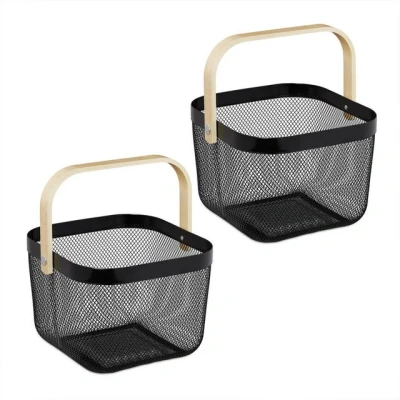 Abbildung von Relaxdays Drahtkorb mit Henkel, 2er Set, Metall, Bambus, HxBxT: 17,5 x 26 24,5 cm, eckiger Aufbewahrungskorb, schwarz