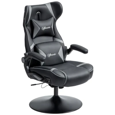 Abbildung von Vinsetto Gaming Stuhl mit Wippen und Schkelfunktion, ergonomischer Computerstuhl, höhenverstellbar, drehbar Schreibtischstuhl Lautsprecher, bis 120 kg belastbar, Schwarz+Grau