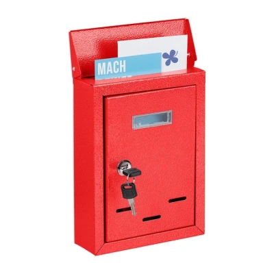 Abbildung von Relaxdays Briefkasten mit Namensschild, aus Metall, 2 Schlüsseln, Postkasten schmal, HxBxT: 26,5 x 19 6,5 cm, rot, 1 Stück