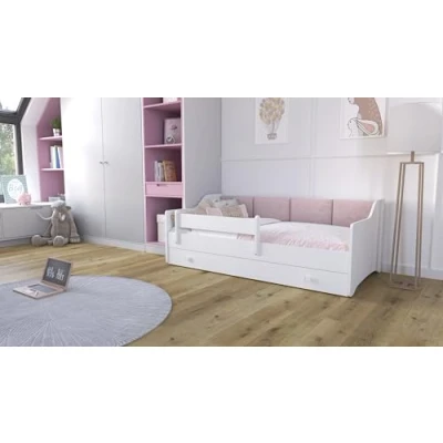 Abbildung von KOBI Weißes Eryk Kinderbett 160x80 Polsterplatten Schublade, Matratze, Geländer Für das Kinderzimmer EIN Mädchen einen Jungen (Rosa Paneele)