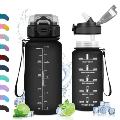 Abbildung von Vikaster Trinkflasche Sport, mit Strohhalm 500ml, Wasserflasche Leak Proof, BPA Free, Sportflasche für Schule, Camping, Yoga, Gym, Outdoors