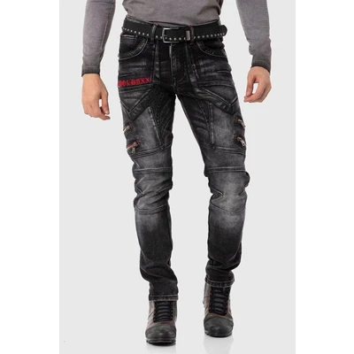 Abbildung von Cipo &amp; Baxx Herren Jeans Hose Reißverschluss Straight Fit Kunstleder Denim Pants CD795 Schwarz W40 L32