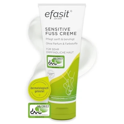 Abbildung von efasit Sensitive Fußcreme, 75 ml Fusscreme sehr trockene Füße, Urea Fusscreme, geeignet bei Neurodermitis, Fußcreme für empfindliche Haut, pflegt und beruhigt irritierte, juckende Haut