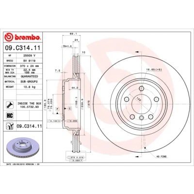 Abbildung von BREMBO COATED DISC LINE 09.C314.11 Bremsscheibe 370 24 5 innenbelüftet beschichtet hochgekohlt mit Schrauben BMW: 7, GT