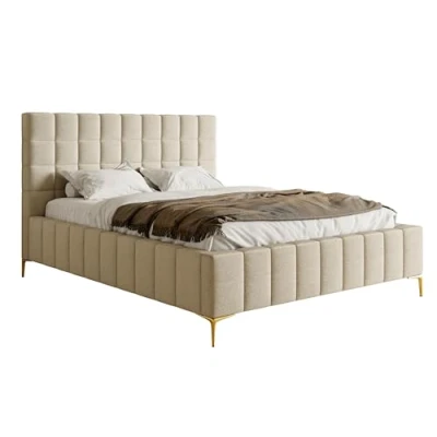 Abbildung von Selsey Bett Polsterbett Doppelbett 140 x 200 cm Mit Bettkasten Metallrahmen Goldene Beine Gasdruckfeder Schlafbett Chenille Beige Szejlo