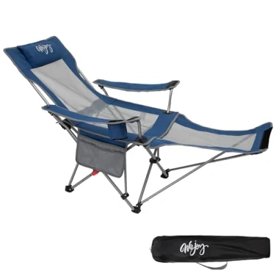 Abbildung von #WEJOY 2 in 1 Campingstuhl Faltbar, Strandstuhl mit Verstellbarer Rückenlehne &amp; Fußstütze Angelstuhl Campingstühle für Erwachsene Wattepad Kissen Getränkehalter Armlehnentaschen Blau/Grau