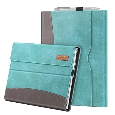 Abbildung von Fintie Hülle für Microsoft Surface Pro 7+ / 7 6 5 4 3 Multi Sichtwinkel Kunstleder Tasche Schutzhülle mit Dokumentschlitze, Type Cover kompatibel, Jeansoptik Türkis