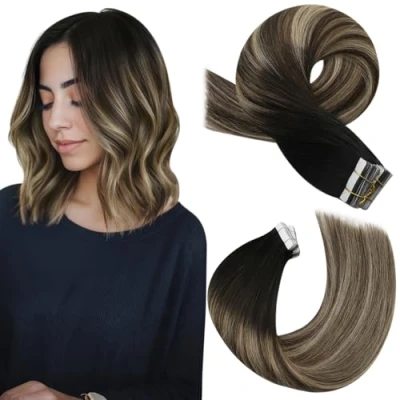 Abbildung von Moresoo Tape in Extension Echthaar Balayage Schwarz Remy Unsichtbare Extensions zu Dunkelbraun mit Karamellblond #1B/3/27 Haarextension 20 Stück/50g 35 cm