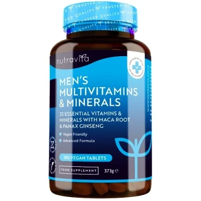 Abbildung von Multivitamine &amp; Mineralien für Männer 25 Essentielle Aktive Vitamine mit Maca Wurzel Panax Ginseng 180 Vegane Multivitamin Tabletten Hochdosiert Nutravita