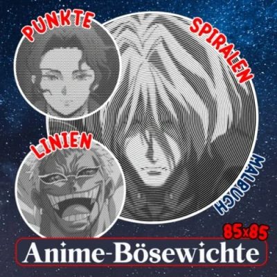 Abbildung von Anime Bösewichte Punkte Linien Spiralen Malbuch: Sammlung vieler schlechter Charaktere mit 30 Malvorlagen im Geschenke für Fans jeden Alters zum Ausmalen und Entspannen