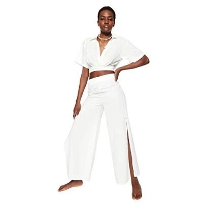 Abbildung von Trendyol Damen Strandhose mit hoher Taille und weitem Bein Hose, Natur, 62