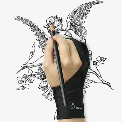 Abbildung von UGEE Künstlerhandschuh zum Zeichnen, Verbesserte gepolsterte Doppelhandschuhe, Zweifingerhandschuh für iPad, Grafiktablett Stift, Malen, Größe S