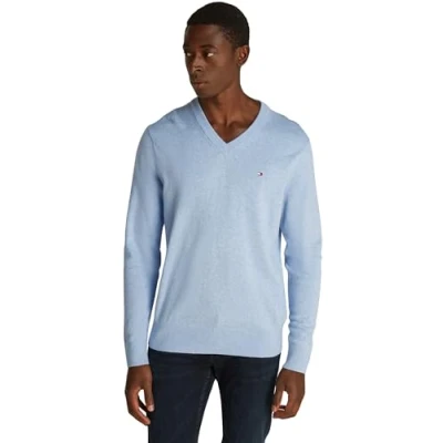 Abbildung von Tommy Hilfiger Herren Pullover V Neck Regular Fit, Blau (Vessel Blue Heather), 3XL