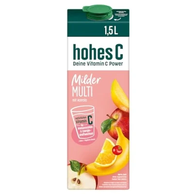 Abbildung von hohes C Milder Multivitamin (1 x 1,5l), 100% Saft, Apfel, Orange, Acerola, Mango, 7 Vitamine, ohne Zuckerzusatz laut Gesetz, weniger Säure, vegan