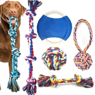 Abbildung von TUAHOO Hundespielzeug Seil für kleine, Große und Mittlere Hund, unzerstörbares &amp; Hundefrisbee Hund Ball, interaktives Tauziehspielzeug Baumwolle Zahnen Kauspielzeug, Set mit 6