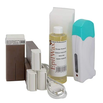 Abbildung von EpilWax Wachswärmer Waxing Set für Enthaarung Haarentfernung Mit roll On Wachspatronen, Gerät, 100 Vliesstreifen und Nachbehandlungsöl (Schokolade, 4 on)