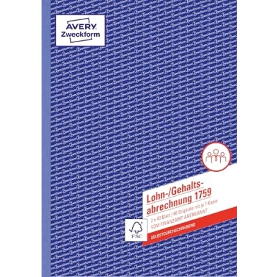 Abbildung von AVERY Zweckform 1759 Lohn /Gehaltsabrechnung (A4, selbstdurchschreibend, für Deutschland, von Rechtsexperten geprüft und vom Finanzamt anerkannt, 2x40 Blatt) weiß/gelb