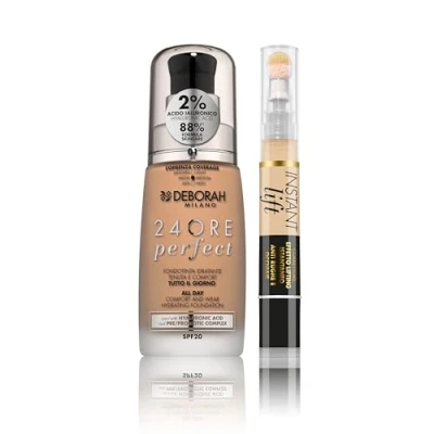 Abbildung von Deborah Milano Make up Set, flüssiges up, 24 Stunden Perfect, SPF 20, N.01 Fair, mit Hyaluronsäure, 30 ml und Concealer Instant Lift N.2.1 Light, beleuchteter Anti Falten Effekt, 4,2 g