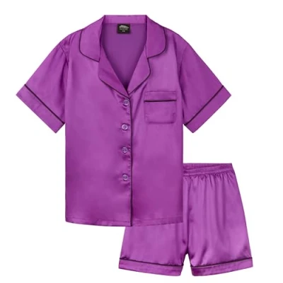 Abbildung von CityComfort Silk Pyjama Set für Mädchen, Kurze Schlafanzughose &amp; Kurzärmliges Oberteil mit Kragen Knopfleiste Geschenke Mädchen (Violett, 15 16 Jahre)