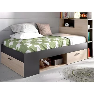 Abbildung von Vente unique Bett mit Kopfteil, Stauraum &amp; Schublade 90 x 190 cm + Lattenrost Anthrazit und Holzfarben Leandre