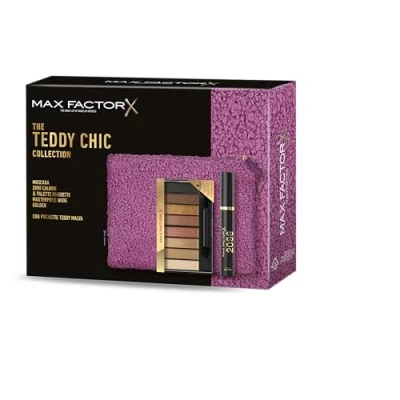 Abbildung von Max Factor, Geschenkbox für Damen Teddy Chic, Clutch aus weichem Stoff mit Mascara 2000 Cal Black + Lidschatten Palette Masterpiece Nude Golden