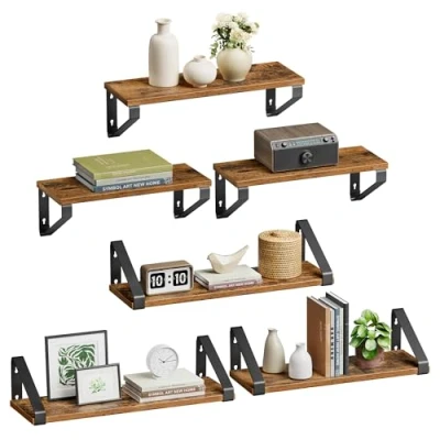 Abbildung von VASAGLE Wandregal, Schweberegal, 6er Set, Regalbrett, 2 Montagemöglichkeiten, Regal zur Präsentation, für Wohnzimmer, Küche, Arbeitszimmer, Badezimmer, vintagebraun schwarz LWS033K02