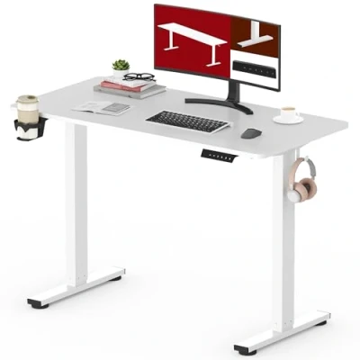 Abbildung von SANODESK Höhenverstellbarer Schreibtisch mit VOLLSTÄNDIGER TISCHPLATTE, 4 Zubehörteilen (Becherhalter, Haken, Aufbewahrungsbox, Kabelmanagement), ergonomisch für Büro und Homeoffice, Weiß, 110x54 cm