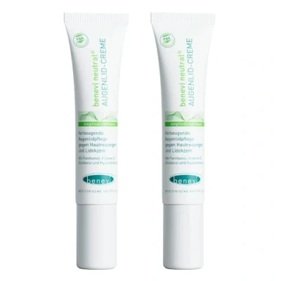 Abbildung von benevi Augenlid Creme 2 x 15ml für trockene, empfindliche Augenlider. Kein Fettfilm. Auch als tägliche Augenlidpflege bei zu Lidekzemen, Neurodermitis oder Rosacea neigender Haut.