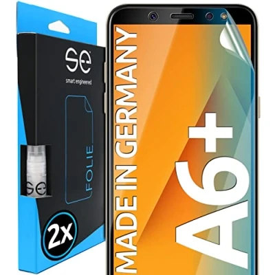 Abbildung von s.e Schutzfolie für Samsung Galaxy A6 Plus, 2 Stück, Full Screen, Positionierhilfe, A6+ Panzerfolie, transparente Displayfolie, funktionierende Alternative zu Schutzglas, Schutzglasfolie