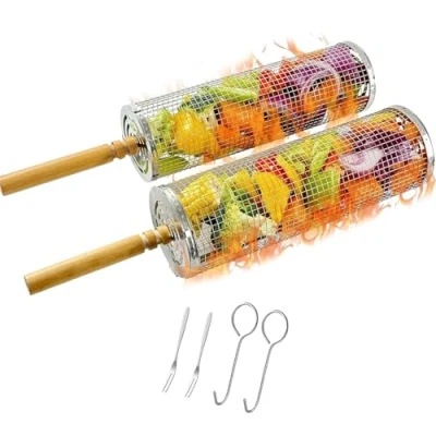 Abbildung von Gerbala Rolling Grill Korb für Outdoor Grill, Nesting Körbe 2 Pack mit abnehmbaren Holzgriffen Camping Picknick BBQ, 304 Edelstahl Barbecue Tools Käfige Set Gemüse Fleisch Garnelen Fisch