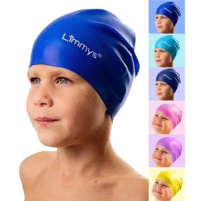 Abbildung von Limmys Premium Badekappe Kinder, badehaube Kinder Langes und kurzes Haar Schwimmkappe für Mädchen Jungen Hochwertige Qualität, Dehnbare &amp; Bequeme (S, Blau)