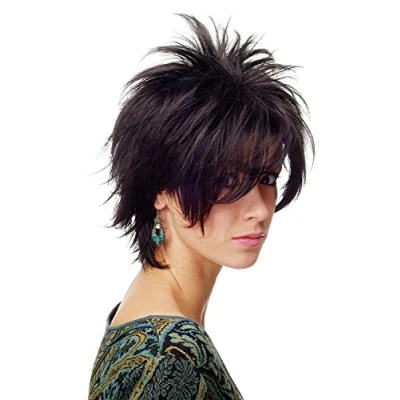 Abbildung von WIG ME UP Damenperücke Perücke Kurzhaarperücke kurz toupiert wilde Strähnen 80er Wave Punk Schwarz BLUE144 2
