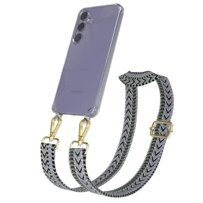 Abbildung von EAZY CASE Handykette mit verstellbarem Trageriemen kompatibel Samsung Galaxy S24 Plus Taschengurt transparenter Handyhülle für Hülle Schulterriemen in Lila Grün Gold