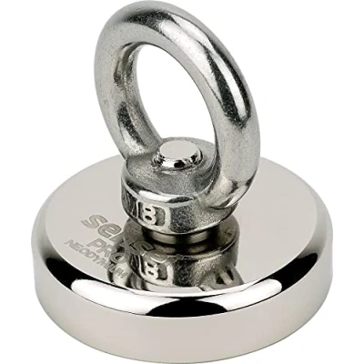 Abbildung von SENSEI® Extra Starker Magnet 80 kg Zugkraft, Großer Neodym Ø 48 mm, Ösenmagnet mit Griff für Sicheren Halt und Magnetfischen