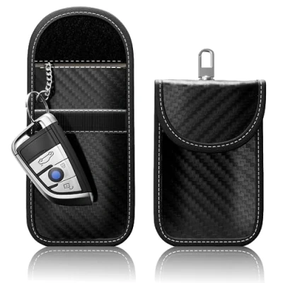 Abbildung von 2 Stück FOAMO Keyless Go Schutz Autoschlüssel Funkschlüssel RFID Abschirmung Blocker Schlüssel Tasche Schlüsseletui Carbon Schwarz Weiß