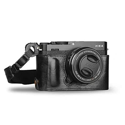 Abbildung von MegaGear Ever Ready Echtleder Kamera Halbtasche mit Trageriemen kompatibel Fujifilm X Series E4 (Schwarz)