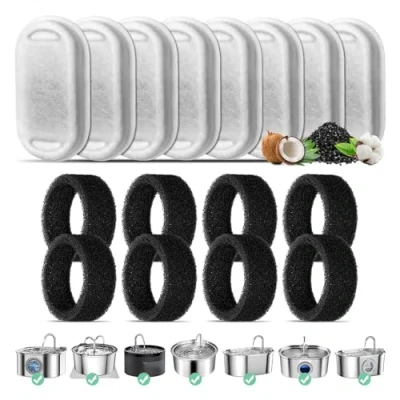 Abbildung von Katzenbrunnen Filter, 8 Pack Ersatzfilter für 108oz/3.2L Edelstahl Katzenbrunnen, Stück Kohlefilter und Schaumfilter Dreifach Filterung Filter 67oz/2L Trinkbrunnen Katzen Hunde