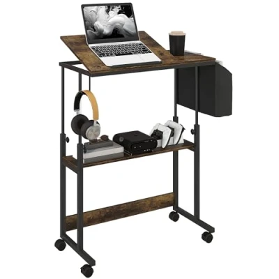 Abbildung von HOMCOM Höhenverstellbar Schreibtisch, 92 x 40 cm, Computertisch mit Rollen, neigbar Plattform, Aufbewahrungstasche, für Arbeitszimmer, Büro, Stahl, Rustikales Braun