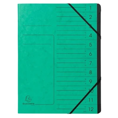 Abbildung von Exacompta 541203E Premium Ordnungsmappe geheftet. Aus extra starkem Colorspan Karton DIN A4 12 schwarze Fächer und 2 Gummizüge mit Organisationsdruck Ringmappe Register Mappe grün