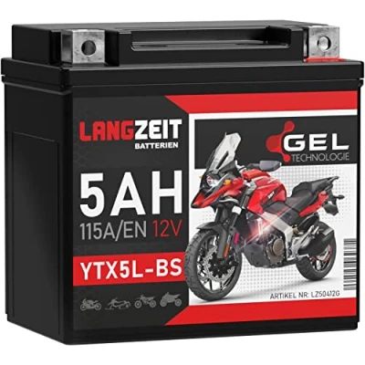 Abbildung von LANGZEIT YTX5L BS GEL Roller Batterie 12V 5Ah 115A/EN Motorradbatterie doppelte Lebensdauer entspricht 4 50412 CTX4L YT5L ersetzt 4Ah vorgeladen auslaufsicher wartungsfrei
