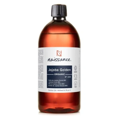 Abbildung von Naissance Jojobaöl Gold BIO (Nr. 233) 900ml Kaltgepresst Gesichtsöl für Haare, Wimpern Haut, Körperöl Massage und Kosmetik